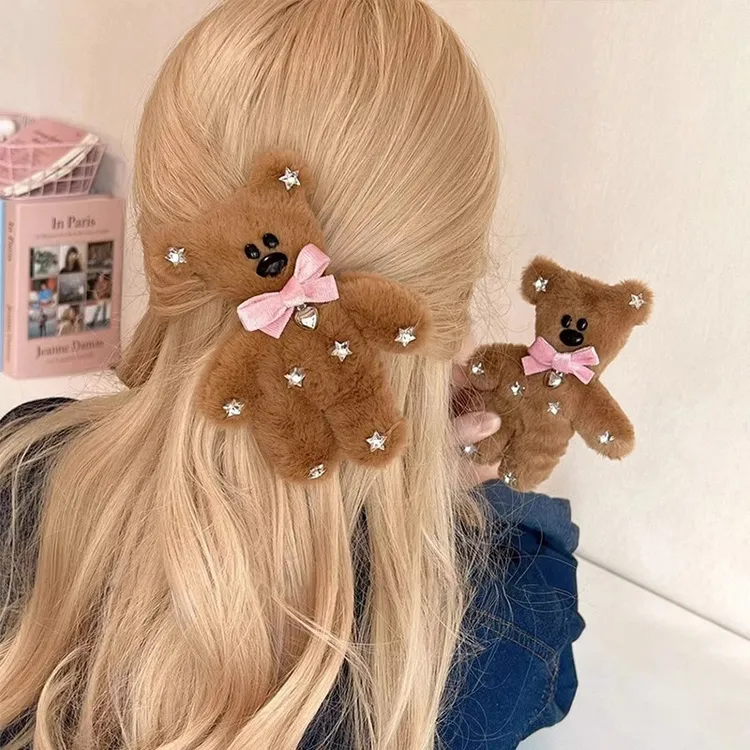 可爱憨豆先生毛绒泰迪熊挂件发夹小众设计bb夹ins甜美发饰BBJ075
