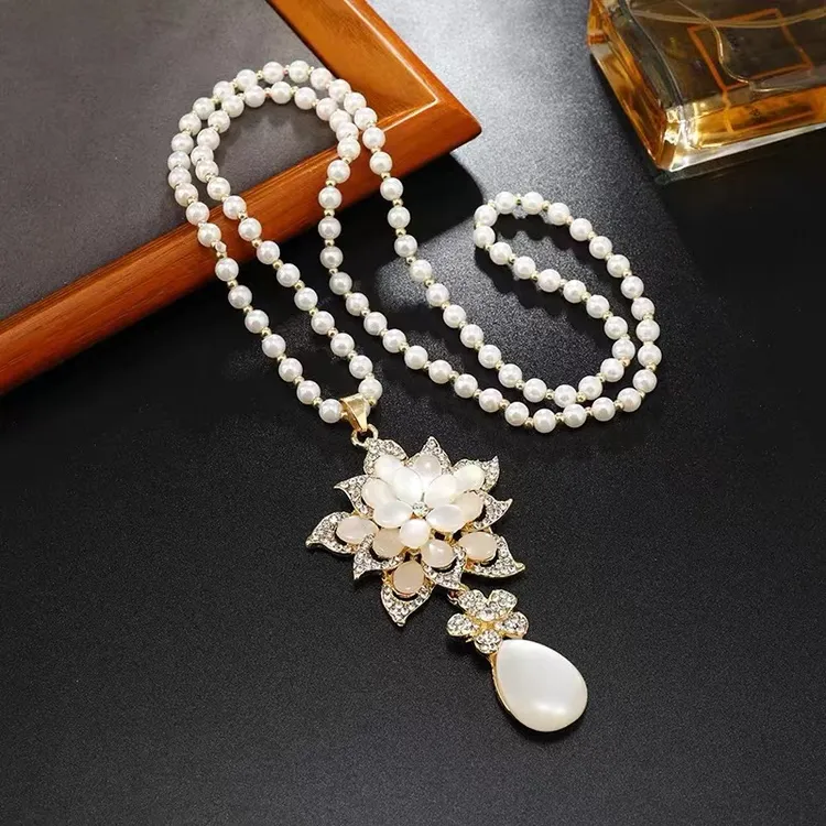 非金属仿珍珠项链 花开富贵时尚百搭毛衣链（白链)M015颈链