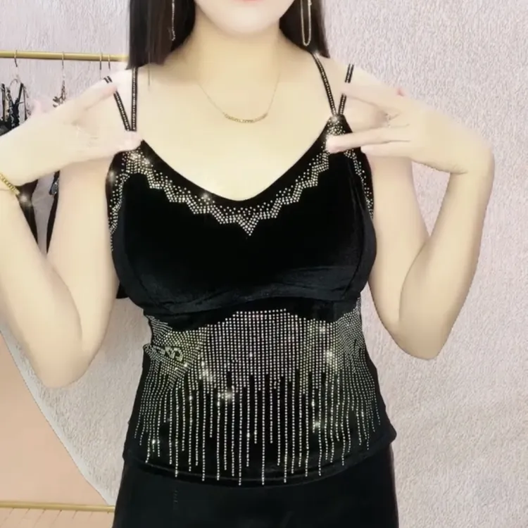 无袖满钻蕾丝吊带金丝绒时尚背心打底胸垫性感上衣网红百搭美背