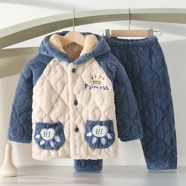 儿童保暖男童女童秋冬加厚法兰绒珊瑚绒家居服提花款舒适睡衣套装