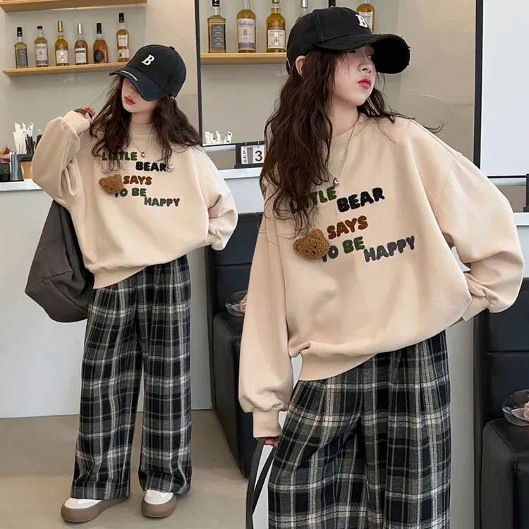 女童小熊刺绣卫衣格子裤套装春秋2025新款中大童卡通休闲潮酷穿搭