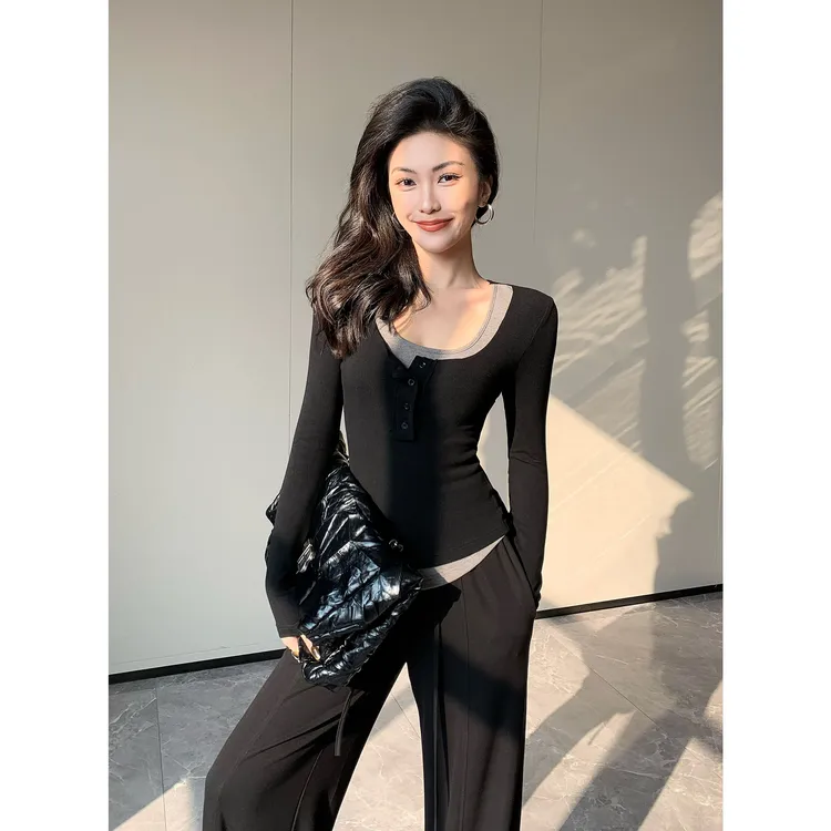 JIJINQI时尚显瘦辣妹拼接上衣秋季新款百搭性感针织衫JC08SZPT389