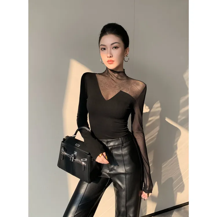 JIJINQI时尚辣妹百搭拼接上衣秋季新款设计感网纱长袖JC08SZPT314