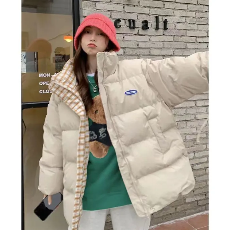 新款格子拼接加厚棉服外套男女学生宽松立领面包慵懒风情侣装棉衣