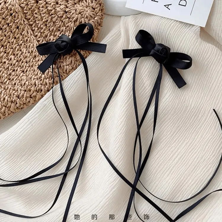 芭蕾风黑色蝴蝶结对夹双边飘带发夹少女侧边发卡百搭气质花朵发饰