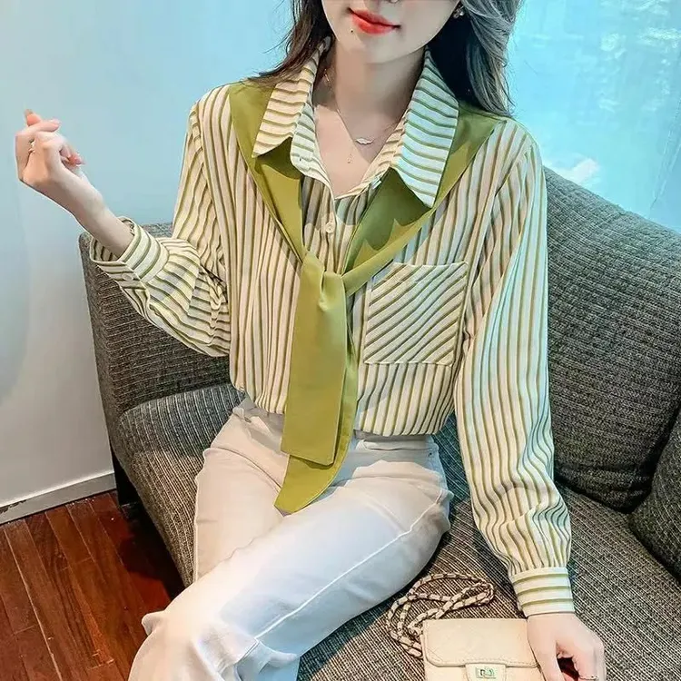 假两件竖条纹衬衫长袖春秋季衬衣宽松显瘦百搭洋气设计感气质上衣