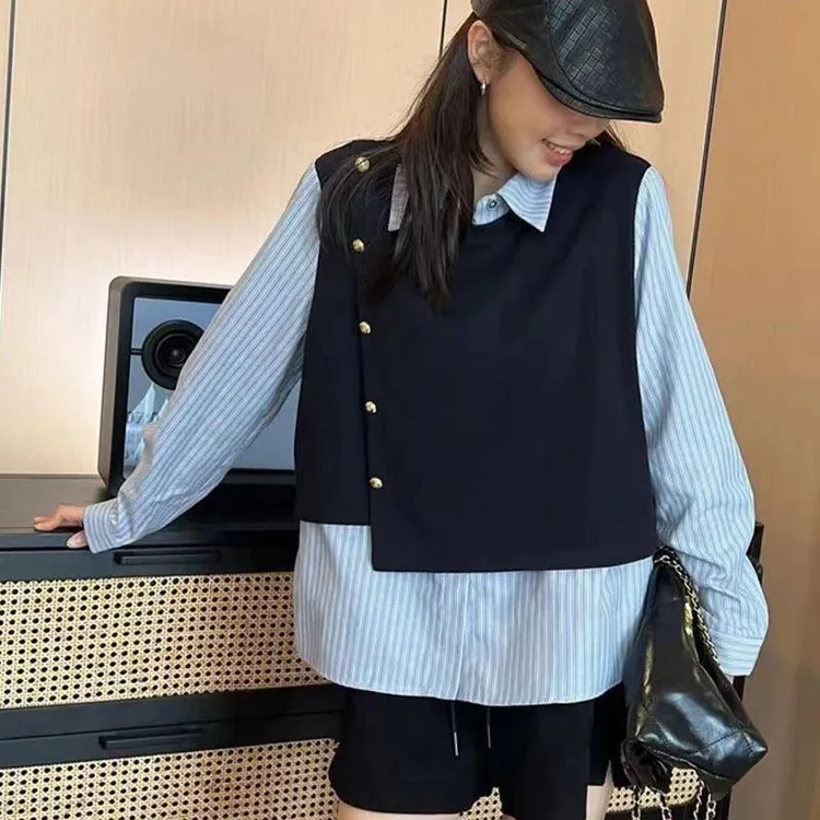 团潮流条纹2025春秋季新款假两件衬衫拼接时尚感洋气小众百搭女装