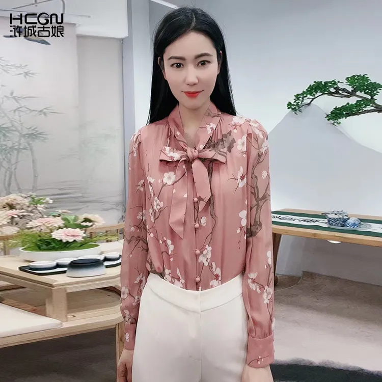 浒城古娘中式国风桑蚕丝优雅舒适气质百搭点梅真丝衬衫18A23659