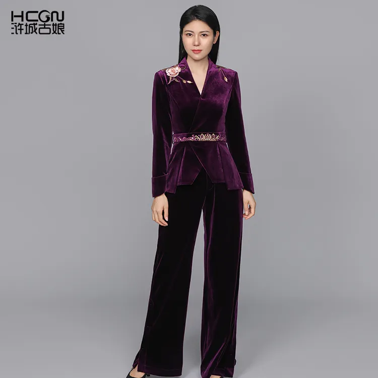 浒城古娘国风精致刺绣气质长袖女霞光丝绒套装22C18501+22C19323