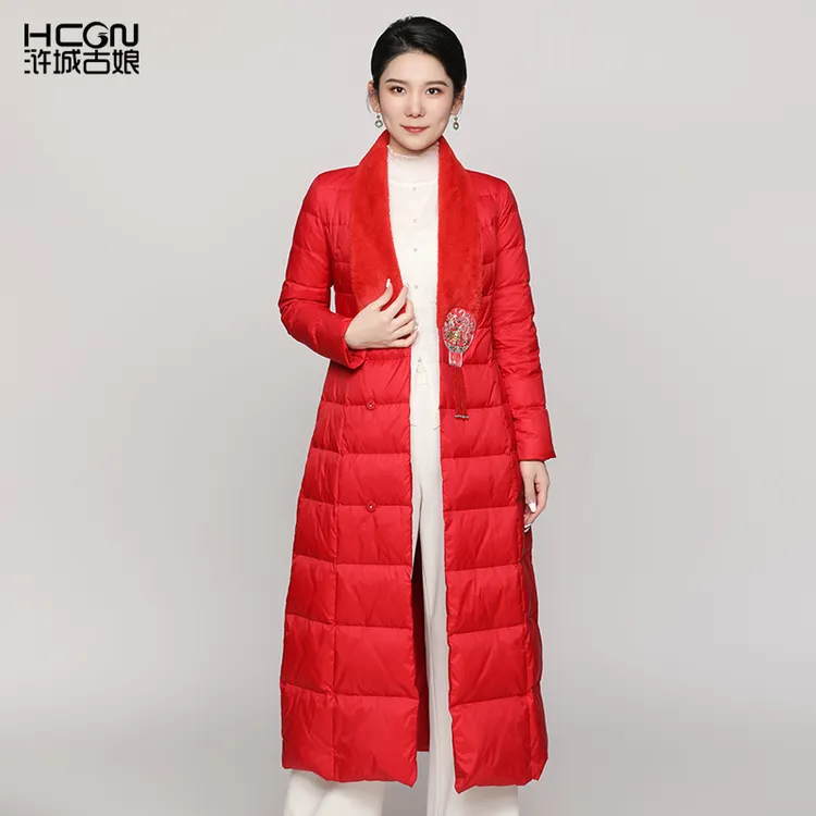 《粉丝专享》【销冠第三代】红色中长款反季流云V领羽绒服-205349