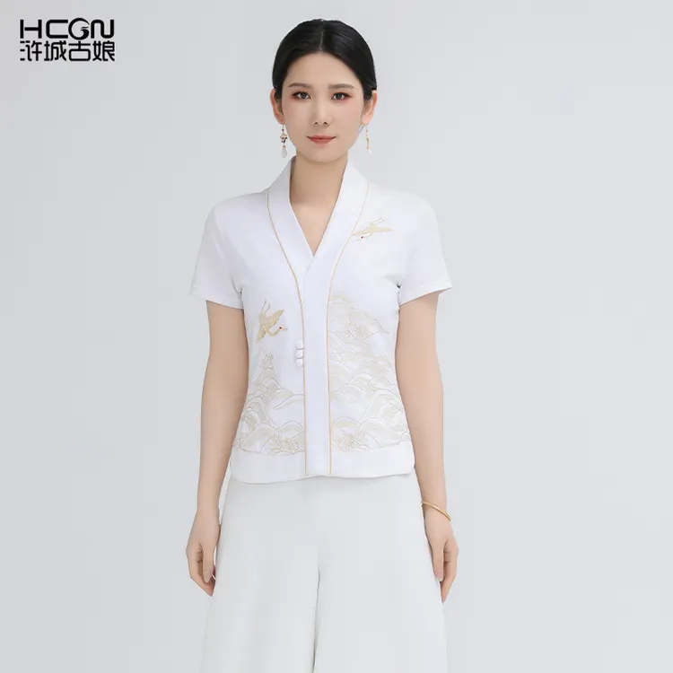 浒城古娘复古气质显瘦百搭碧海鹤影上衣短袖t恤女21B1888遮肉修身