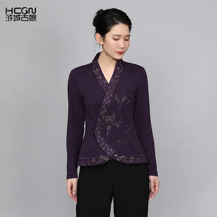 棉质中国风精致刺绣百搭复古长袖V领中式气质合欢上衣秋DMT18960