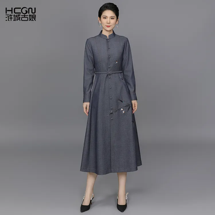 减龄新中式国风高端女装女士长袖a字兰香清竹牛仔连衣裙-ACL11388