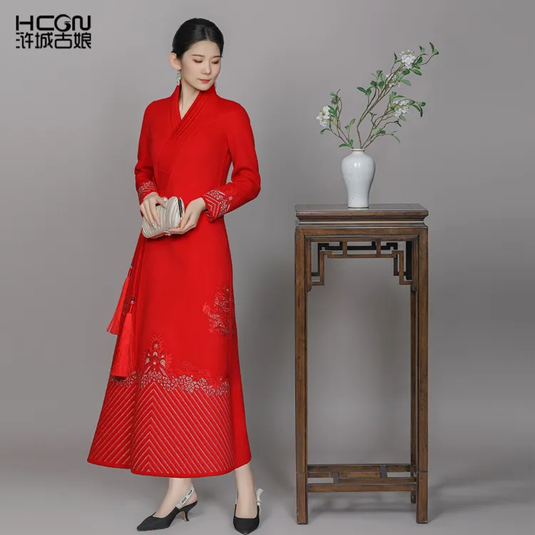 浒城古娘国风中式羊毛云海刺绣保暖羊毛织语长心双面呢大衣204918