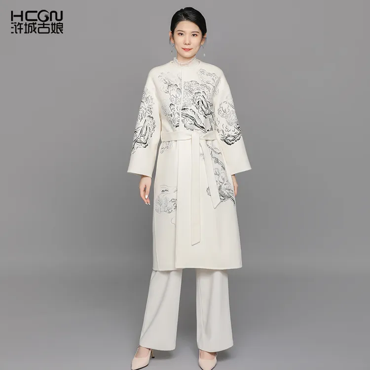浒城古娘绵羊毛气质系带重工刺绣花中长款女毛呢千影大衣DMT11369
