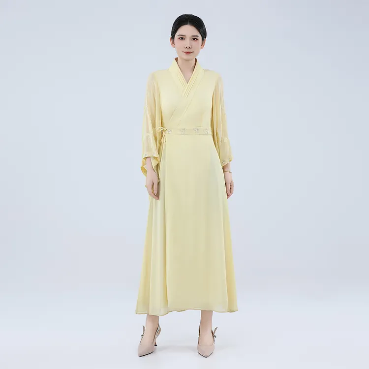 中式国风桑蚕丝100复古仙气仙女优雅日常初云乔其连衣裙-21B1193