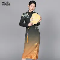 浒城古娘国风中式醋酸秋季渐变色刺绣花女鸿瑞旗袍连衣裙17A23597