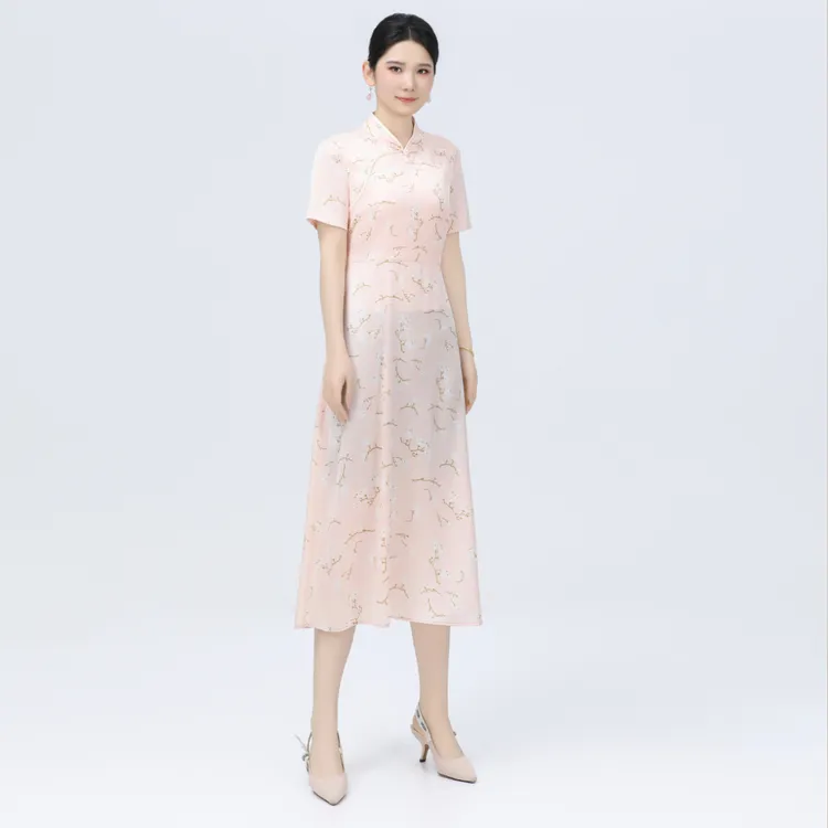 醋酸中式夏季精致印花优雅减龄修身显瘦女士香露连衣裙-BMT17719