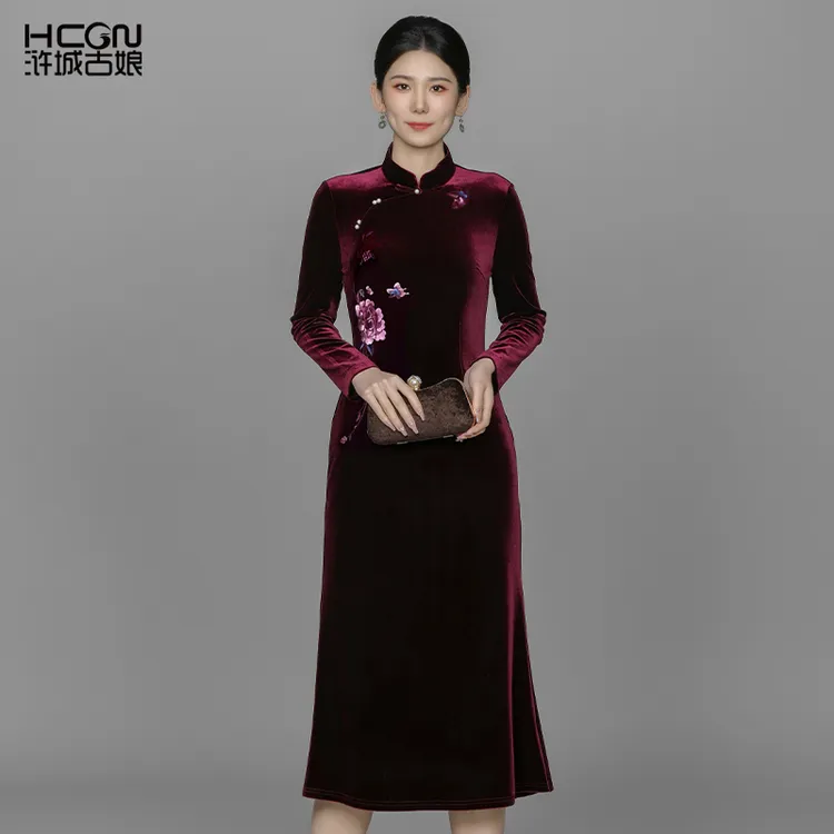 中国风气质丝绒精致刺绣修身显瘦贵气优雅女花之遇连衣裙ACL17935