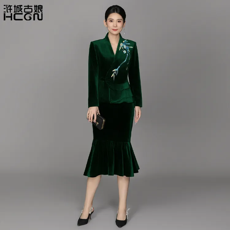 国风精致刺绣鱼尾修身显瘦如意丝绒套装ACL18991+ACL19697