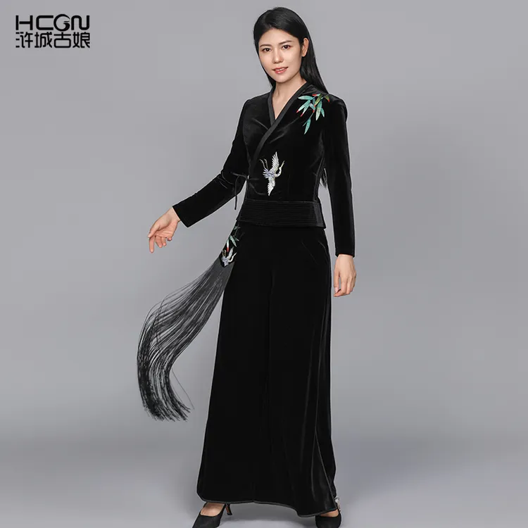 新中式国风春秋季女装丝绒竹鹤偏襟套装两件套-9C191068+9C191572