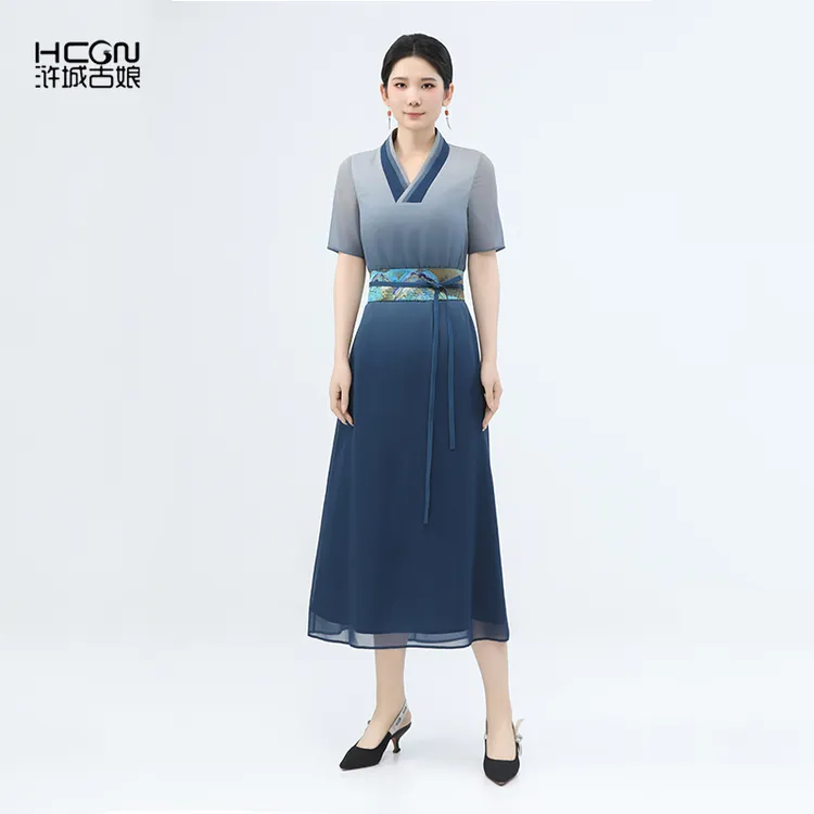 浒城古娘夏国风气质小v领A字版裙子中长款千里江山连衣裙22B17195