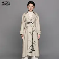 中国风系带春款中长款气质竹叶印花宽松时尚女君子态风衣CMT11337