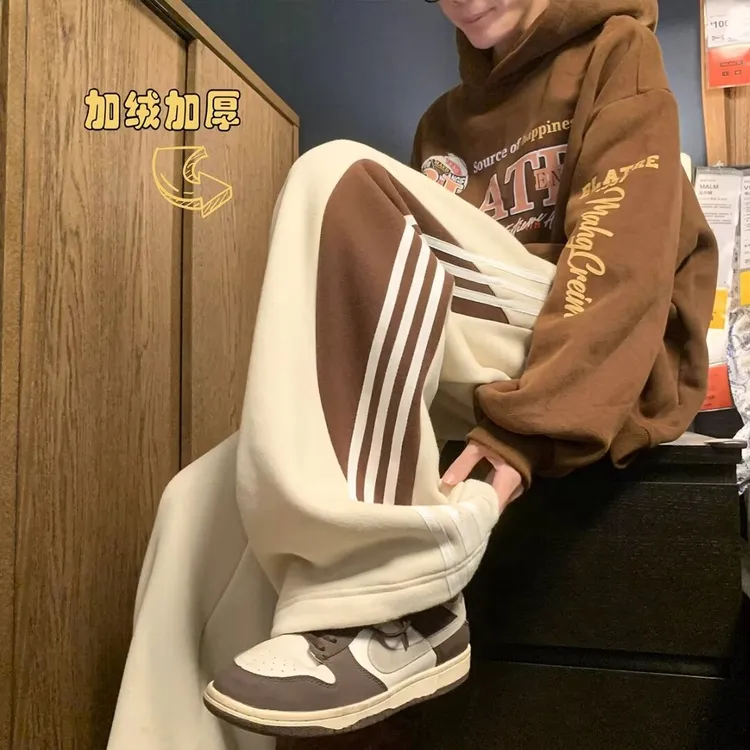 口袋直筒中国涤纶藏青色侧条纹三条杠卫裤冬长裤潮