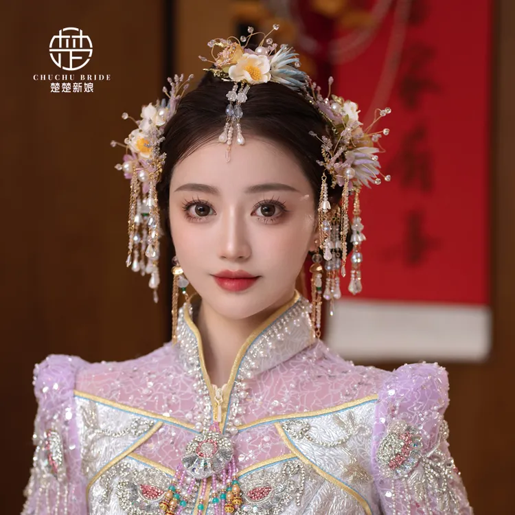3245浅色花苞秀禾头饰眉心坠流苏配饰新娘结婚头饰古风汉服发饰品