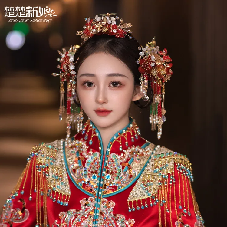 3155中式新娘结婚头饰红色琉璃凤簪子古典婚礼发饰秀禾服饰品