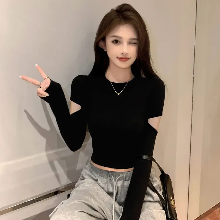 螺纹黑色长袖破洞紧身上衣半高领打底衫女春秋短款显示瘦百搭t恤