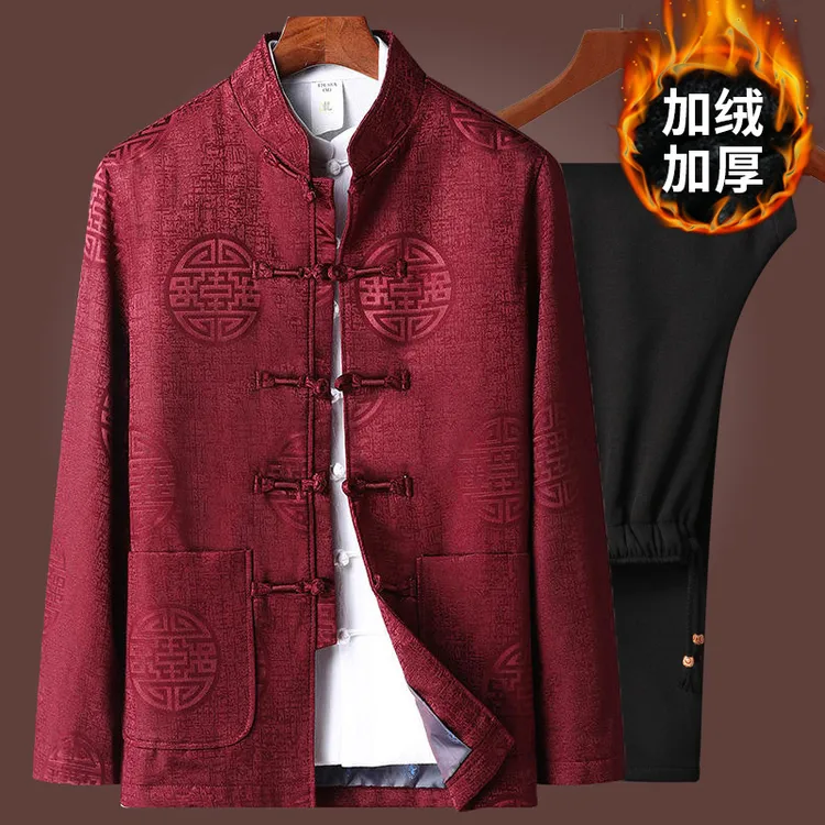 加绒加厚中老年爸爸装唐装套装秋冬外套男士国风生日过寿衣服爷爷