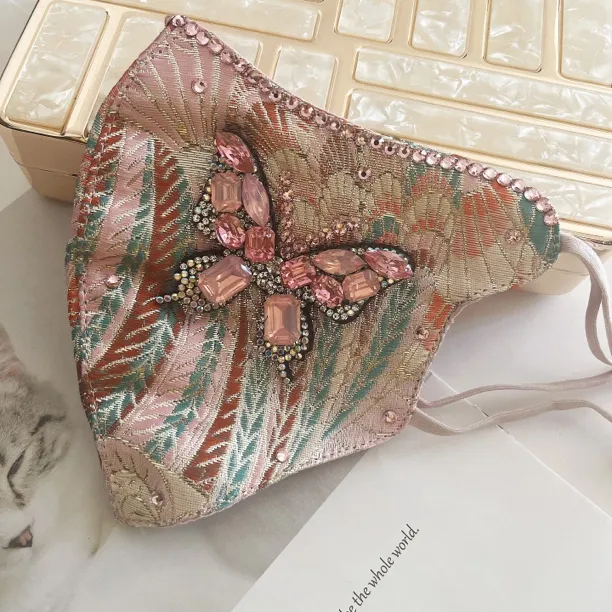 高端国风粉蝶口罩重工定制粉色蝴蝶面罩（花型不定位）