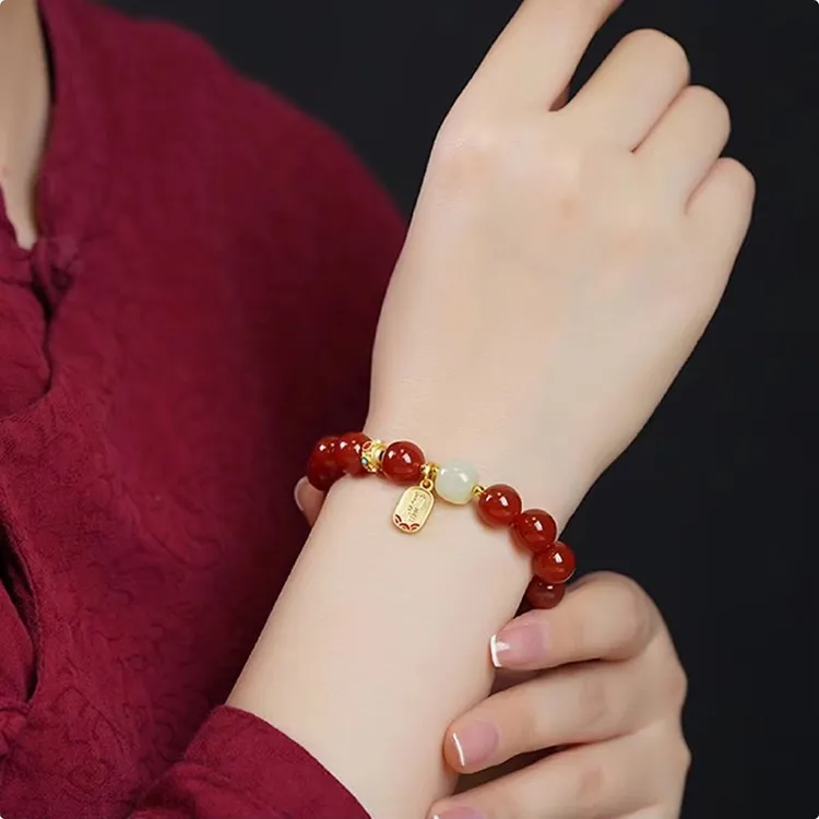 纯天然红玛瑙手链女国潮小众设计和田玉显高贵手串新中式纳福手饰