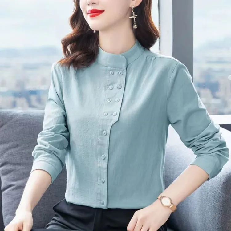 港味双排扣长袖立领衬衫女2023年春秋女新款宽松休闲时尚洋气衬衣