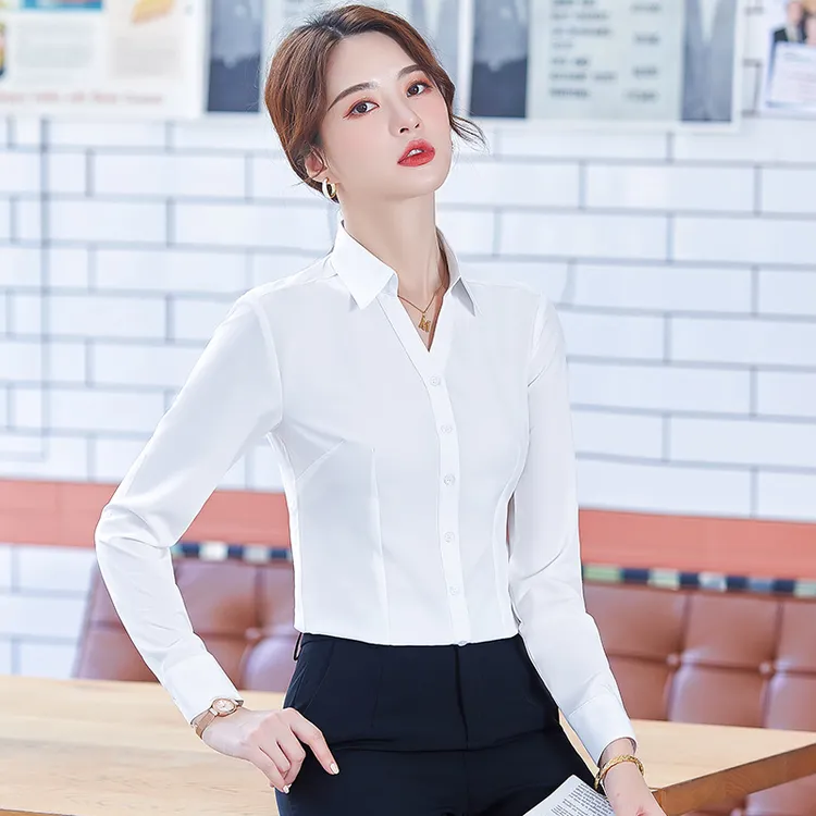 V领职业衬衫女士上衣春秋工作服面试衬衣职业装衬衫白色修身长袖