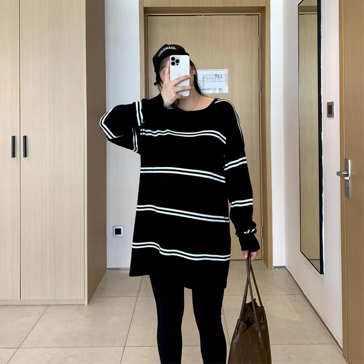 孕妇春秋款条纹针织毛衣女设计感小众oversize落肩宽松慵懒风上衣