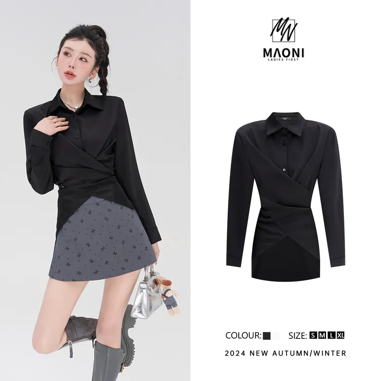 毛妮Peshe【韩系拿捏】时髦穿搭交叉扣褶皱收腰气质长袖衬衫女D9514