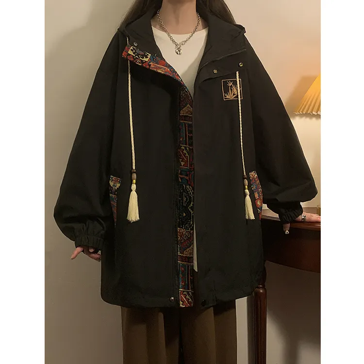 撞色冲锋衣男女秋季薄款2024新款胖mm大码外套春秋新中式国风上衣