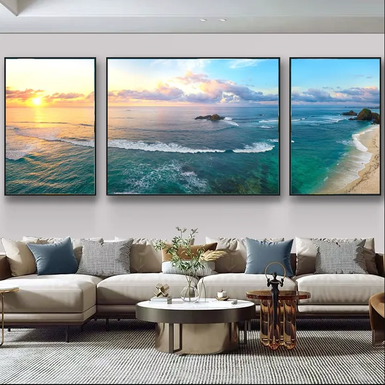 星辰大海客厅装饰画现代简约抽象三联羽毛壁画轻奢沙发背景墙挂画