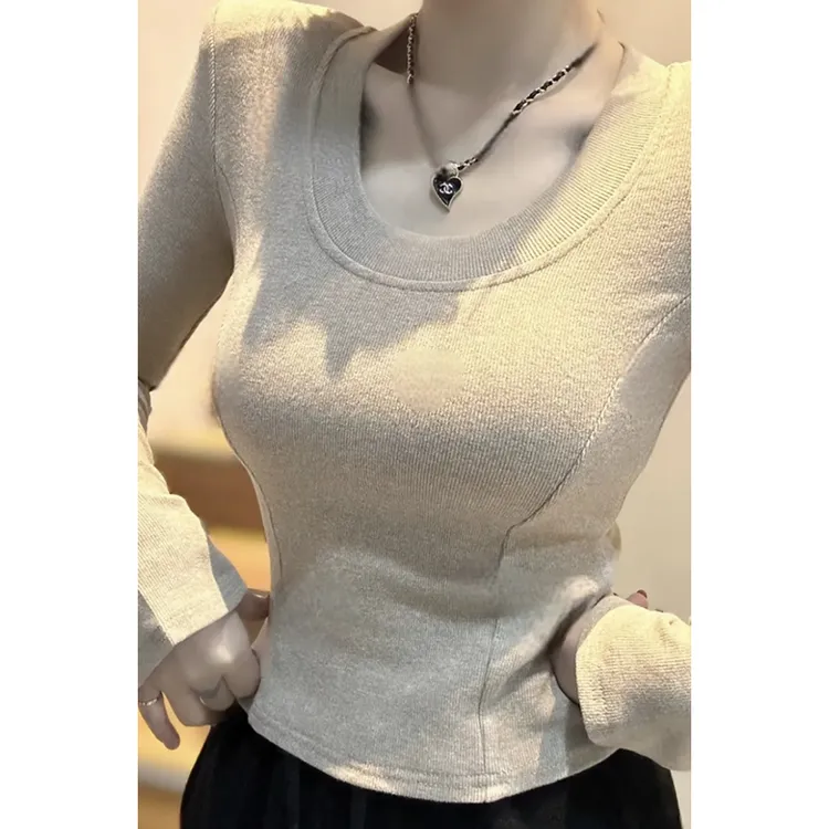 纯欲U领加绒磨毛长袖T恤女2024冬季新款修身显瘦百搭打底衫上衣