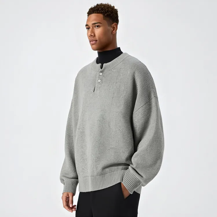 BD.POWER UP+秋冬纯色打底针织衫简约宽松落肩亨利领套头毛衣男