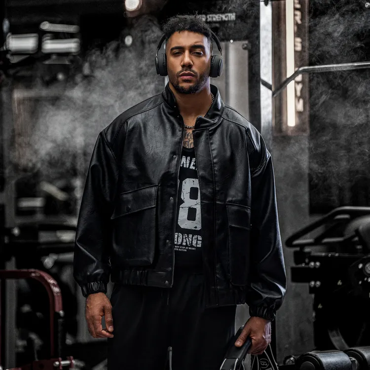 BD.POWER UP+美式复古PU皮衣外套秋季大口袋机车夹克外套男宽松