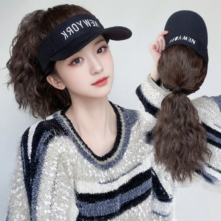 假发女短发一体连帽子新款时尚全头套式自然仿全真减龄高马尾假发