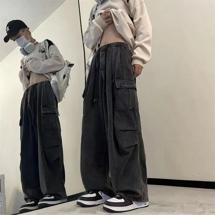 港风牛仔裤复古水洗百搭休闲裤休闲日系口袋潮流宽松拖地男中性风