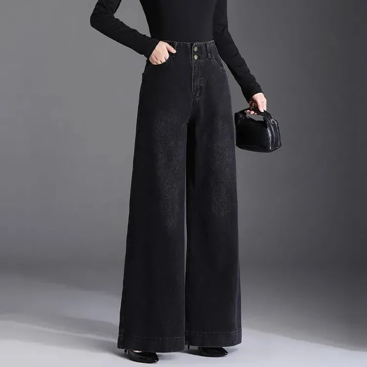 黑色高腰坠感百搭女2025新款秋冬加绒牛仔时尚宽松显瘦气质长裤子