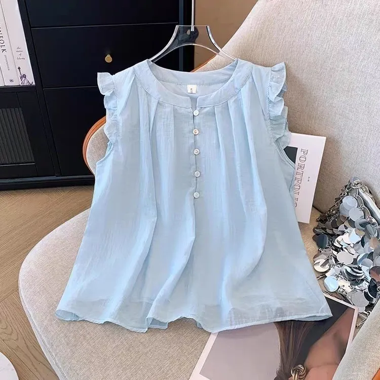 韩系小众蓝色衬衫女夏慵懒木耳边无袖衬衣法式圆领压褶小飞袖上衣