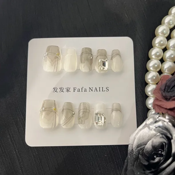 Fafa Nail【烟云尽染短梯】纯手工新中式水墨珍珠钻石设计师穿戴甲