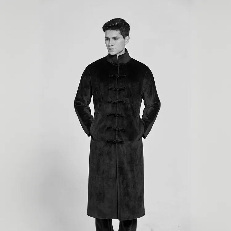 2024唐装男冬季加绒加厚立领中国风长款风衣长衫保暖大衣外套