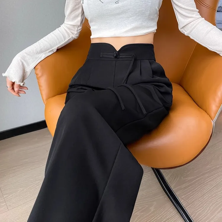 新中式高腰盘扣西装裤女设计感休闲裤百搭国风阔腿裤